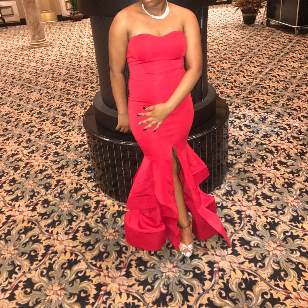 Red evening dress.
